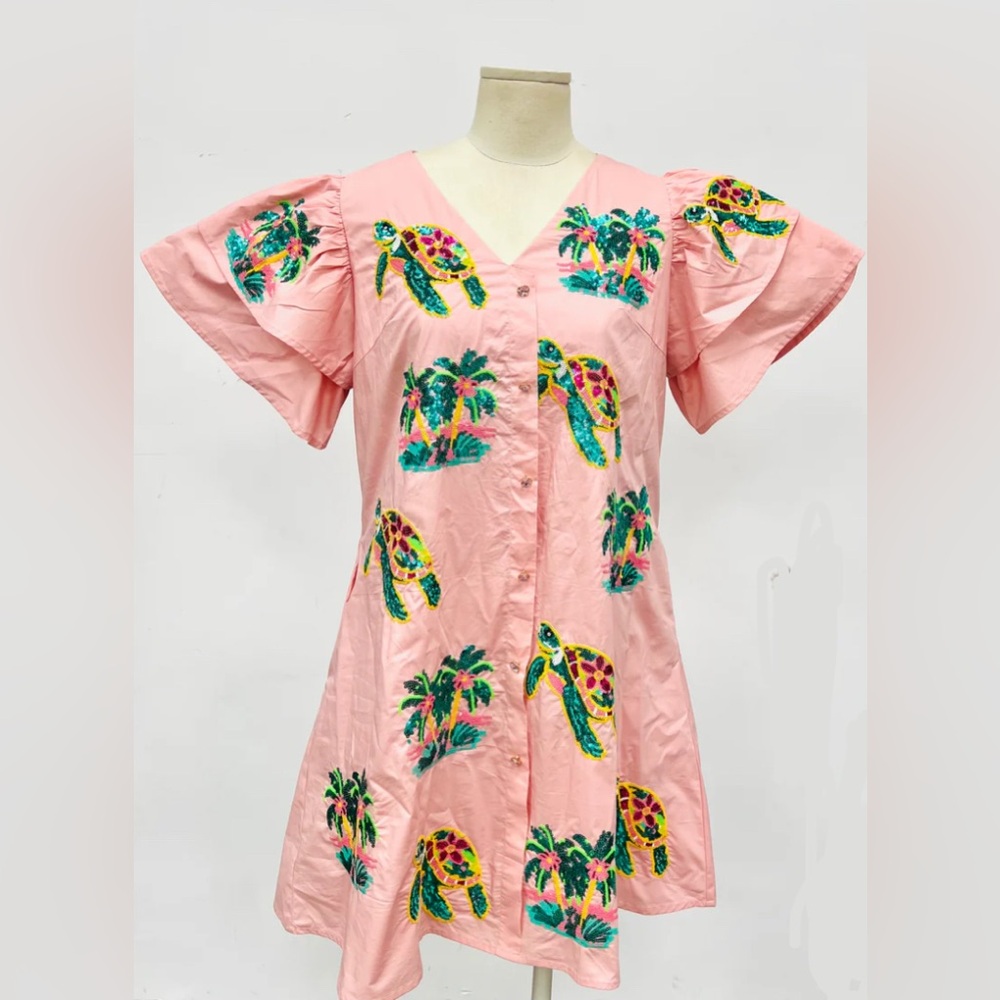 NWT - Tropical Sequin Turtle and Palm Tree Dress